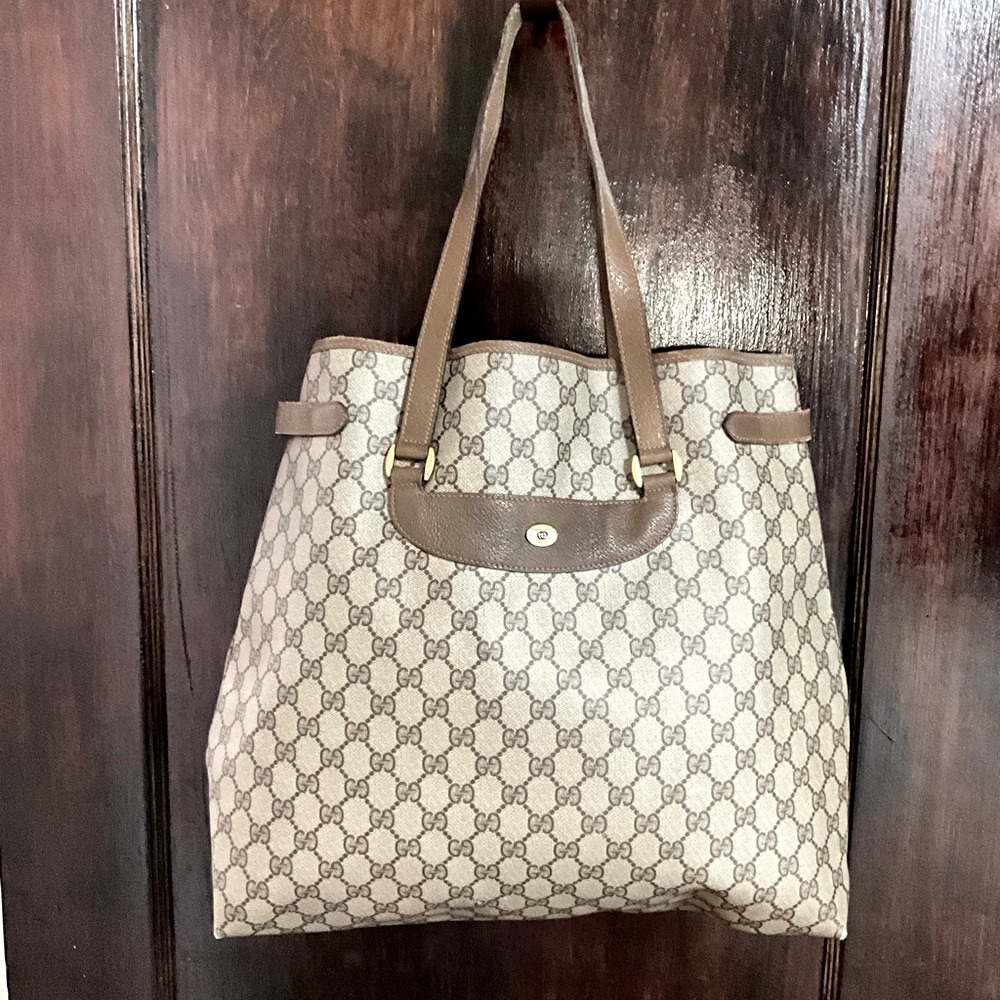 Gucci Beige Monogram Canvas Tote with Brown Leather Handles